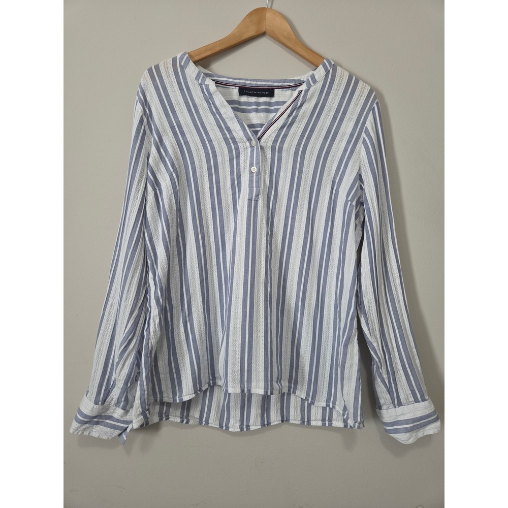 Tommy Hilfiger Blue White Striped Eyelet Lace Henley Long Sleeve Blouse Top - Picture 7 of 13